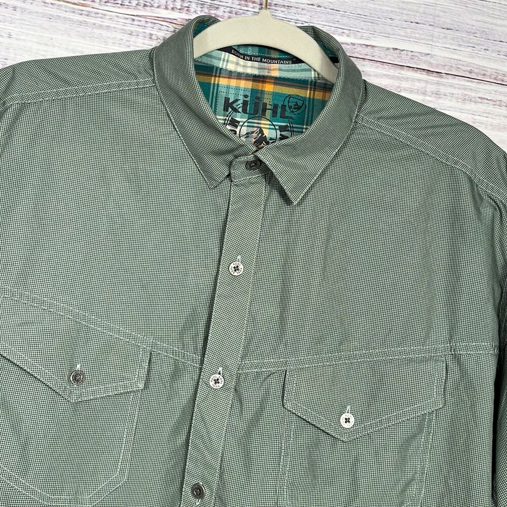 KUHL Shirt Eluxur Men's XL Green Microcheck Polyester Short Sleeve Button Up